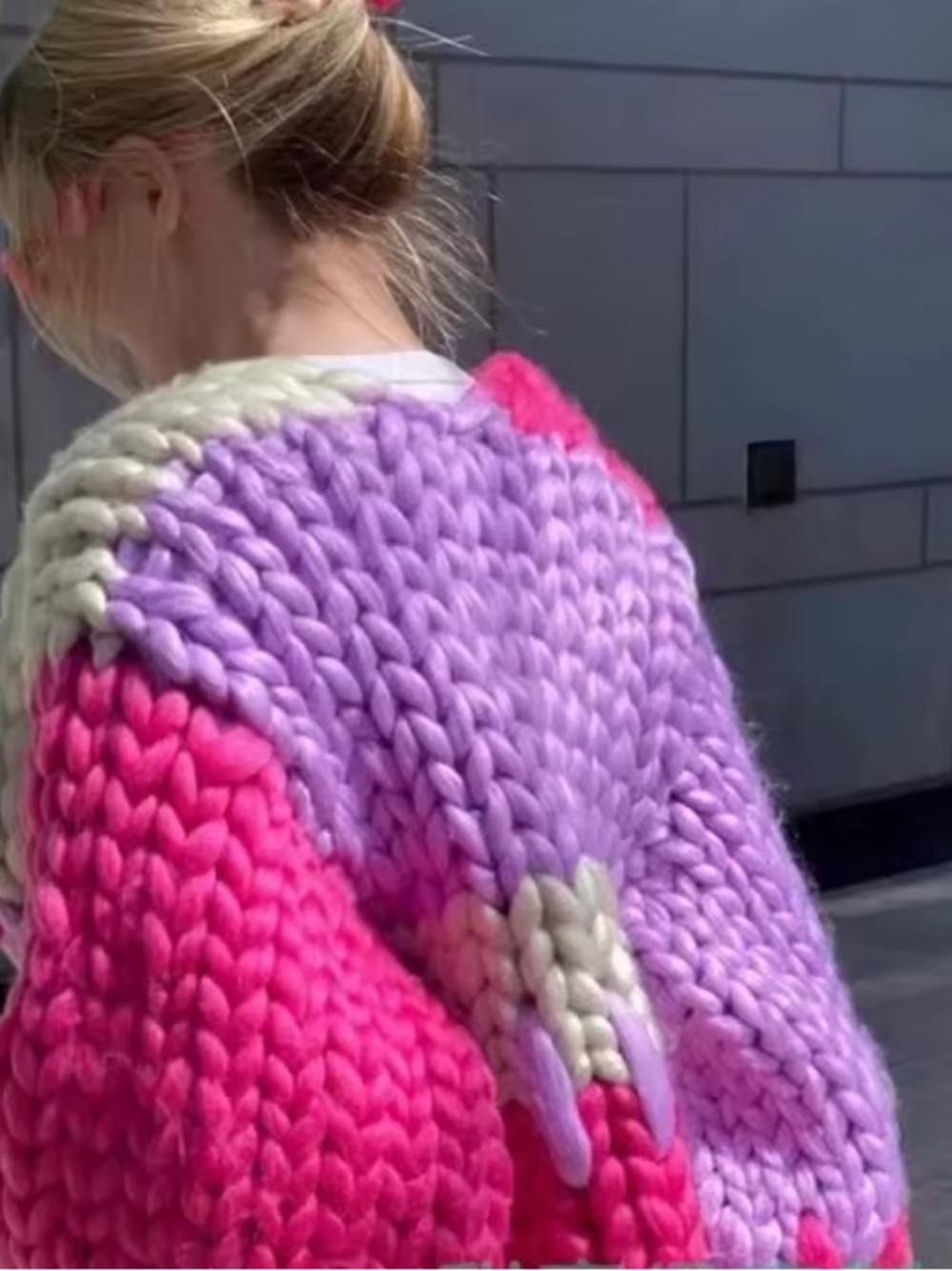Chunky Hand-Knit Oversized Cardigan - Pink & Cream & Purple size S - Picture 2 of 5
